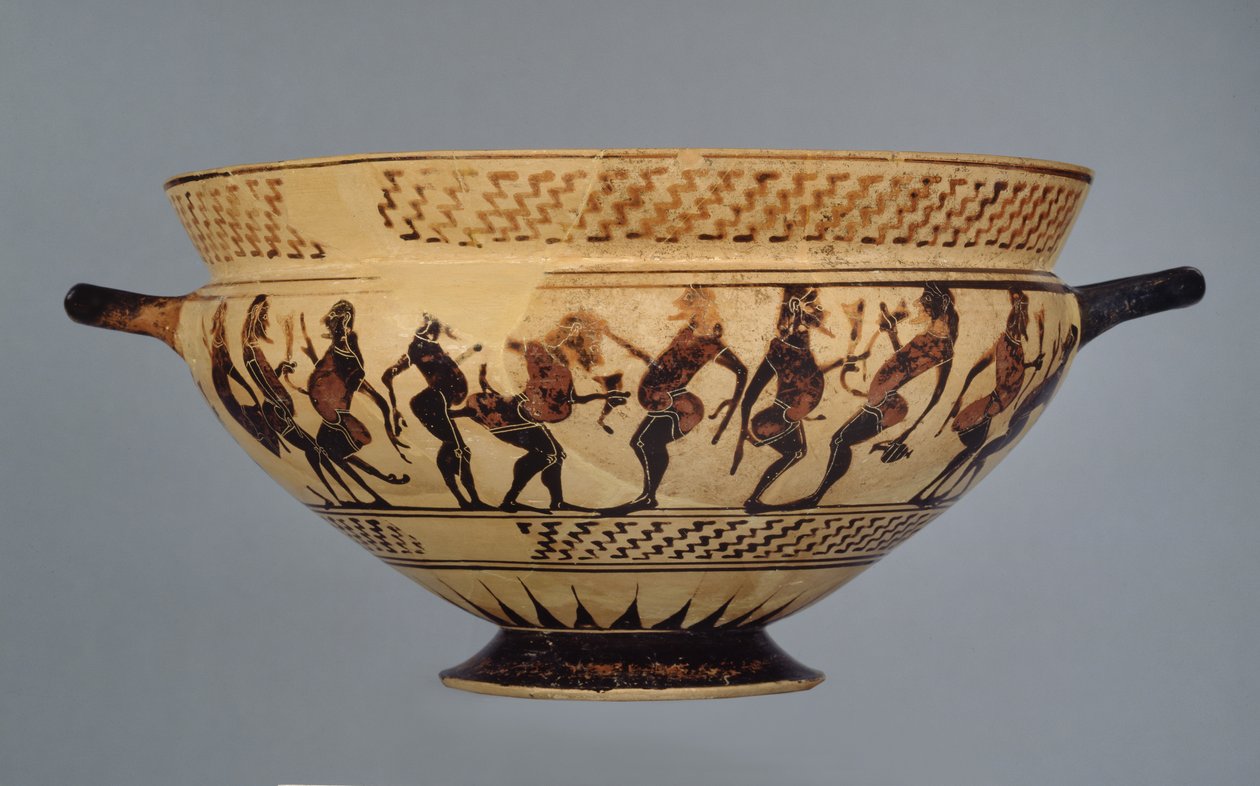 Mellomkorintisk kopp dekorert med seksten polstrede dansere eller Komasts, muligens fra Cerveteri, ca. 600-575 (keramikk) av Greek