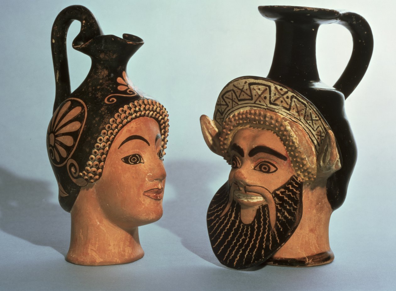Oinochoe hodevaser, sannsynligvis fra Athen, LtoR Maenad, klasse E navnevase av Oxford-klassen og Satyr, klasse P av Chairete-klassen, ca. 500-450 f.Kr. (polykrom keramikk) av Greek