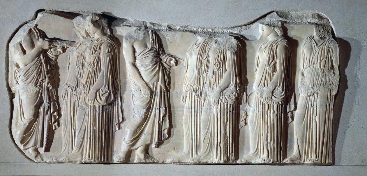 Arrangører og ergastiner (peplos-bærere), del av den store panathenaiske prosesjonen fra østfrisen til Parthenon, ca. 442-438 f.Kr. (marmor) av Greek
