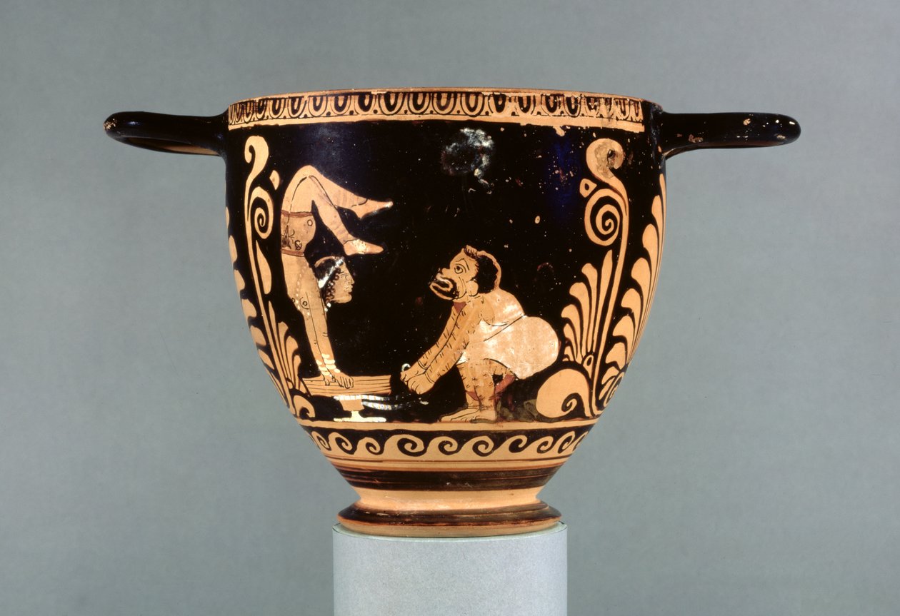 Paestan rødfigur skyphos, dekorert med en phlyax-skuespiller og en kvinnelig akrobat, gresk, Asteas Group, ca. 350-325 f.Kr. (keramikk) av Greek