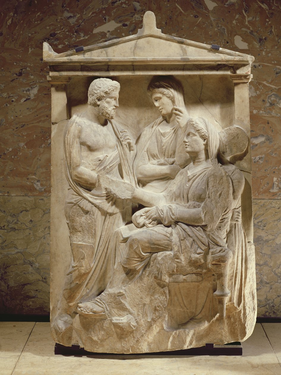 Phainippos og Mnesarete gravstein som viser familiegjenforening og håndtrykk, Loftsperiode, ca. 350 f.Kr. (marmor) av Greek