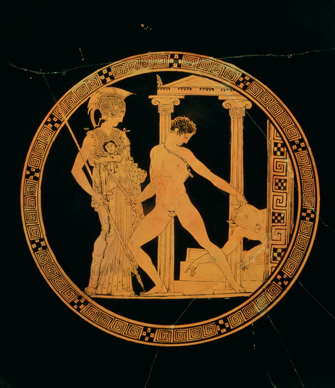 Beger med rød figur som viser Athena, Theseus og Minotauren (keramikk) av Greek