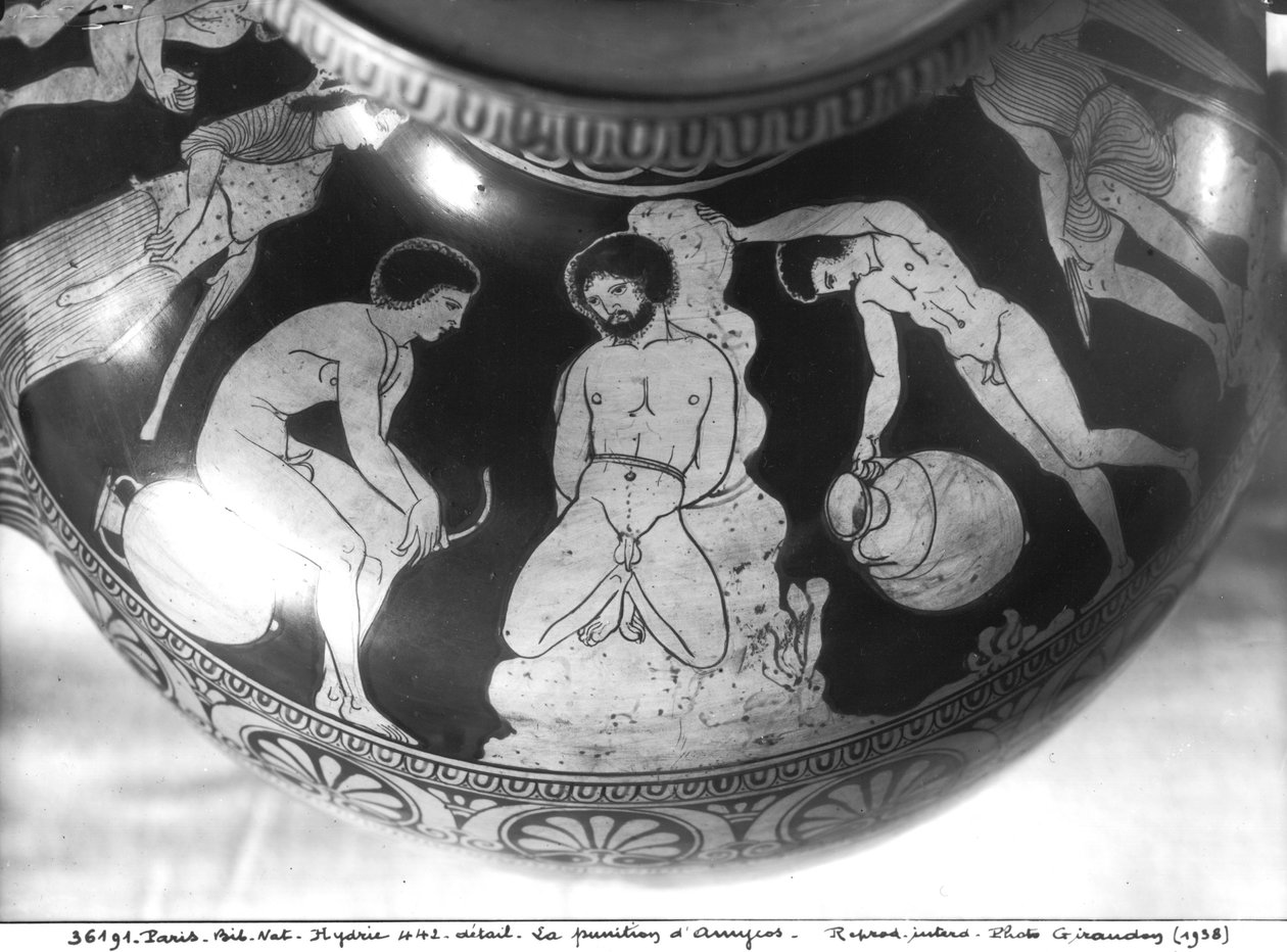 Rød-figur hydria som viser straffen til Amycus, 700–480 f.Kr. (keramikk) av Greek