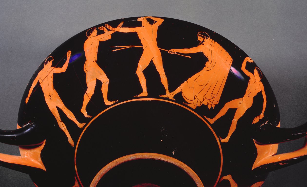 Rødfigur kylix som skildrer idrettsutøvere som trener, ca. 500 f.Kr. (rødfigurkeramikk) (se også 103374) av Greek