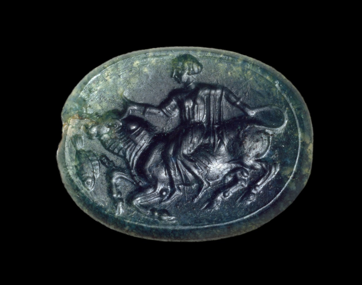 Scaraboid som viser Europa og oksen, gresk fra Kypros, sen arkaisk (jade) av Greek