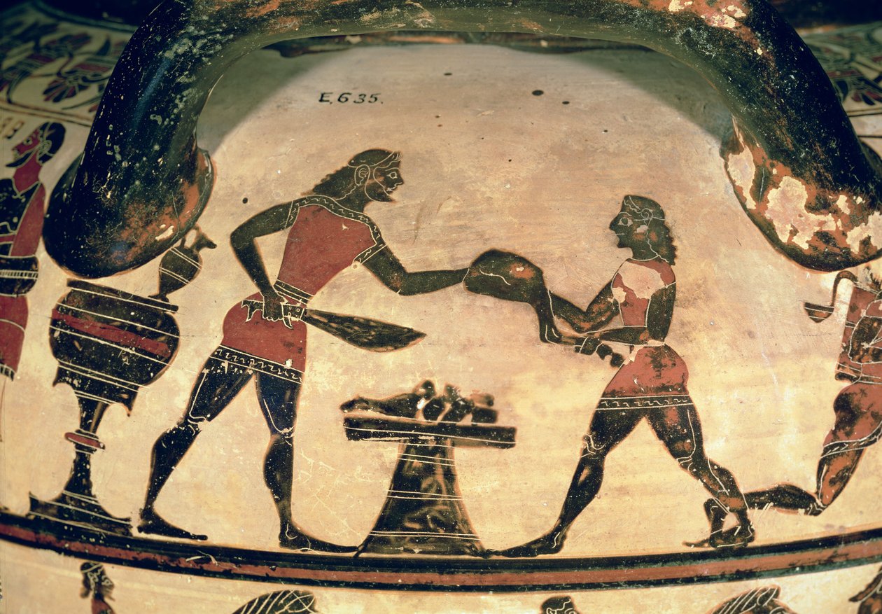 Tjenere som forbereder mat til et symposium, detalj fra en tidlig korintisk søylekrater med svart figur, fra Cerveteri, ca. 600 f.Kr. (keramikk) (se også 92578) av Greek
