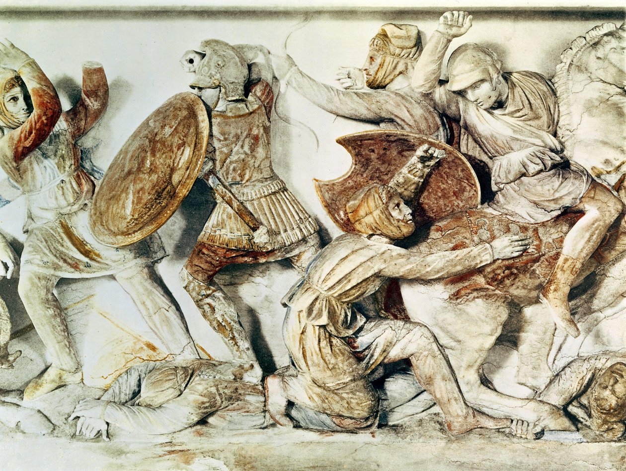 Alexander Sarcophagus som viser en kampscene, ca. 325-300 f.Kr. (veggmaleri) av Greek