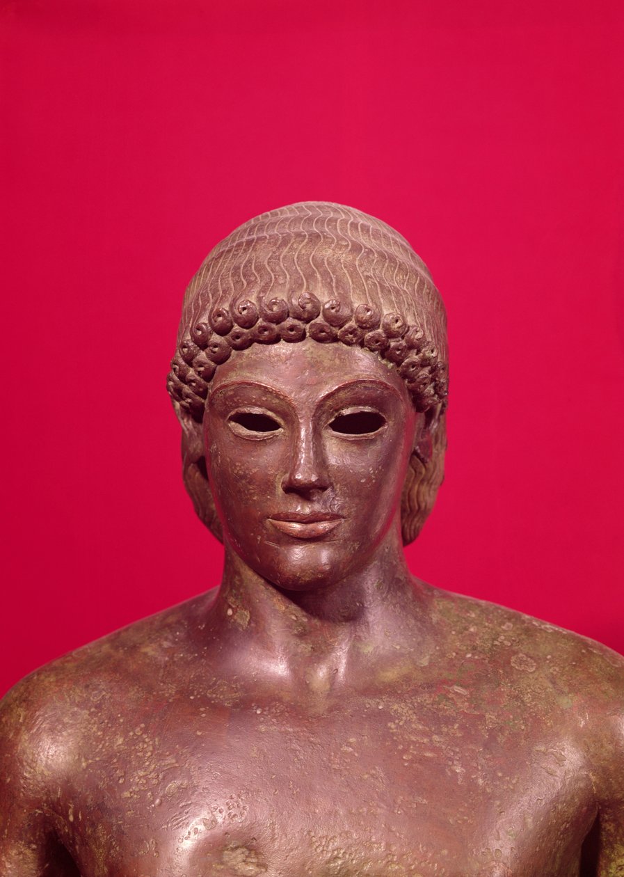 Apollo av Piombino, detalj av statuens hode, funnet i Benevento, gresk, ca. 480 f.Kr. bronse, se også 98014-16 & 177203 av Greek