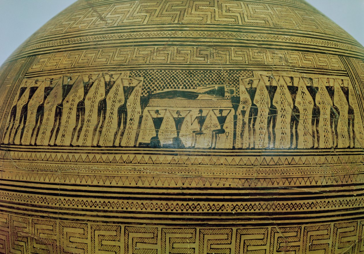 Dipylon Amphora, begravelsesurne i geometrisk stil fra Kerameikos Necropolis, detalj av begravelsesscenen, Athen, ca. 750 f.Kr. terrakotta se 88063 av Greek