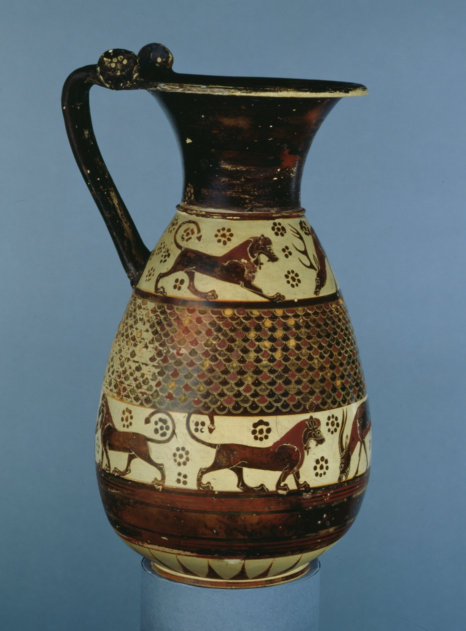 Overgangsprotokorintisk-korintisk olpe dekorert med en dyrefrise, fra Camirus, Rhodos, ca. 640-625 f.Kr. (keramikk) av Greek
