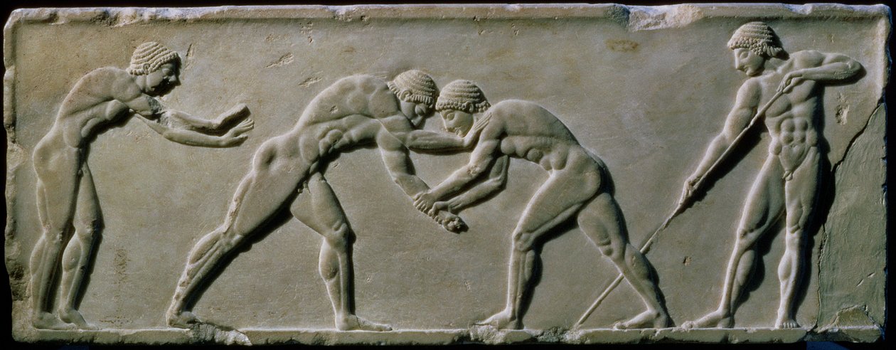 Unge menn som bryter, fra en statuebase funnet på Dipylon-kirkegården, Athen, ca. 510 f.Kr. (marmor) (se også 60008-9 og 60011) av Greek