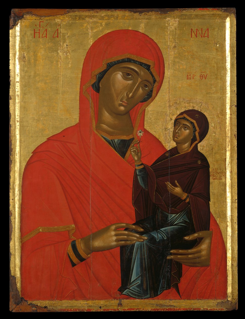 Ikon for St Anne og Jomfruen (eggtempera på panel) av Greek School