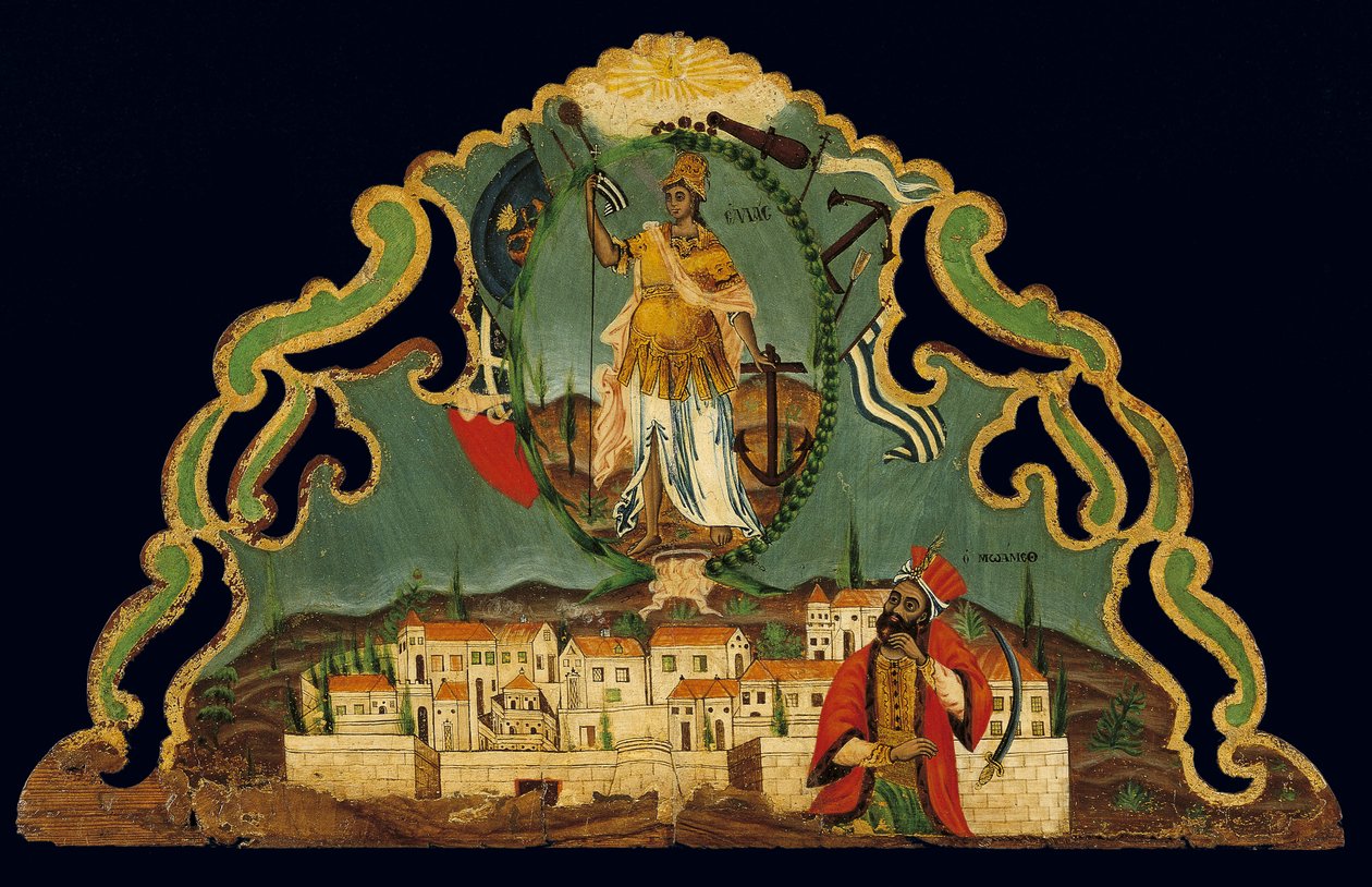 Pelmet som viser gjenfødelsen av Hellas over en representasjon av Konstantinopel, fra Syros, Kykladene (eggtempera på tre) av Greek School