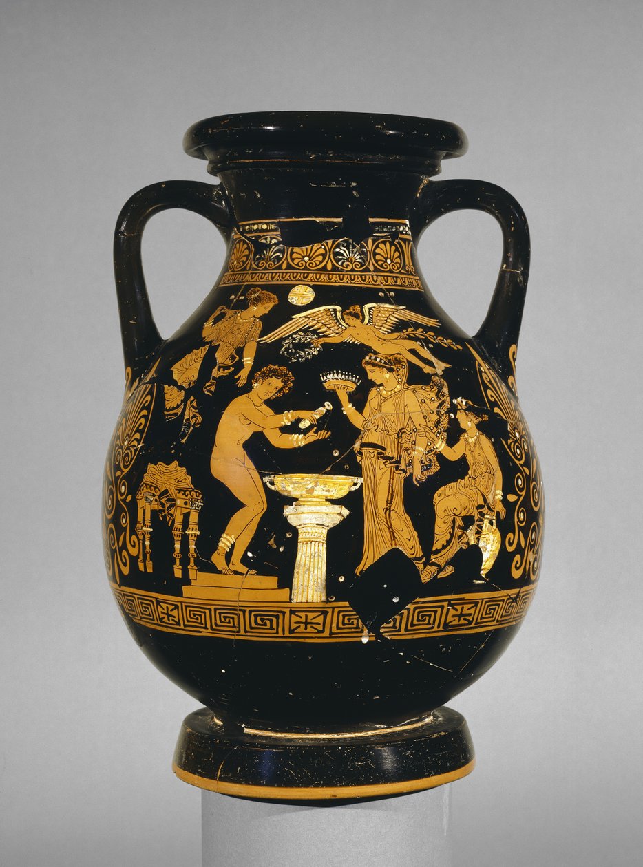 Apulisk rødfigur dekorert med en scene av en brud på toalettet hennes, Suckling Group, funnet ved Basilicata, ca. 375-350 f.Kr. (keramikk) av Greek