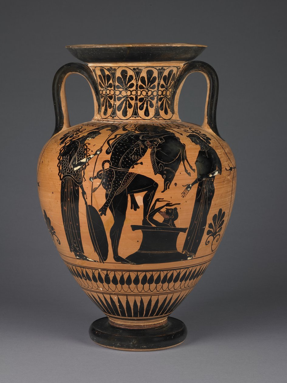 Atensk atisk svartfiguramfora med Herakles som bærer det erymantiske villsvinet, ca. 510 f.Kr. (terrakotta) av Greek