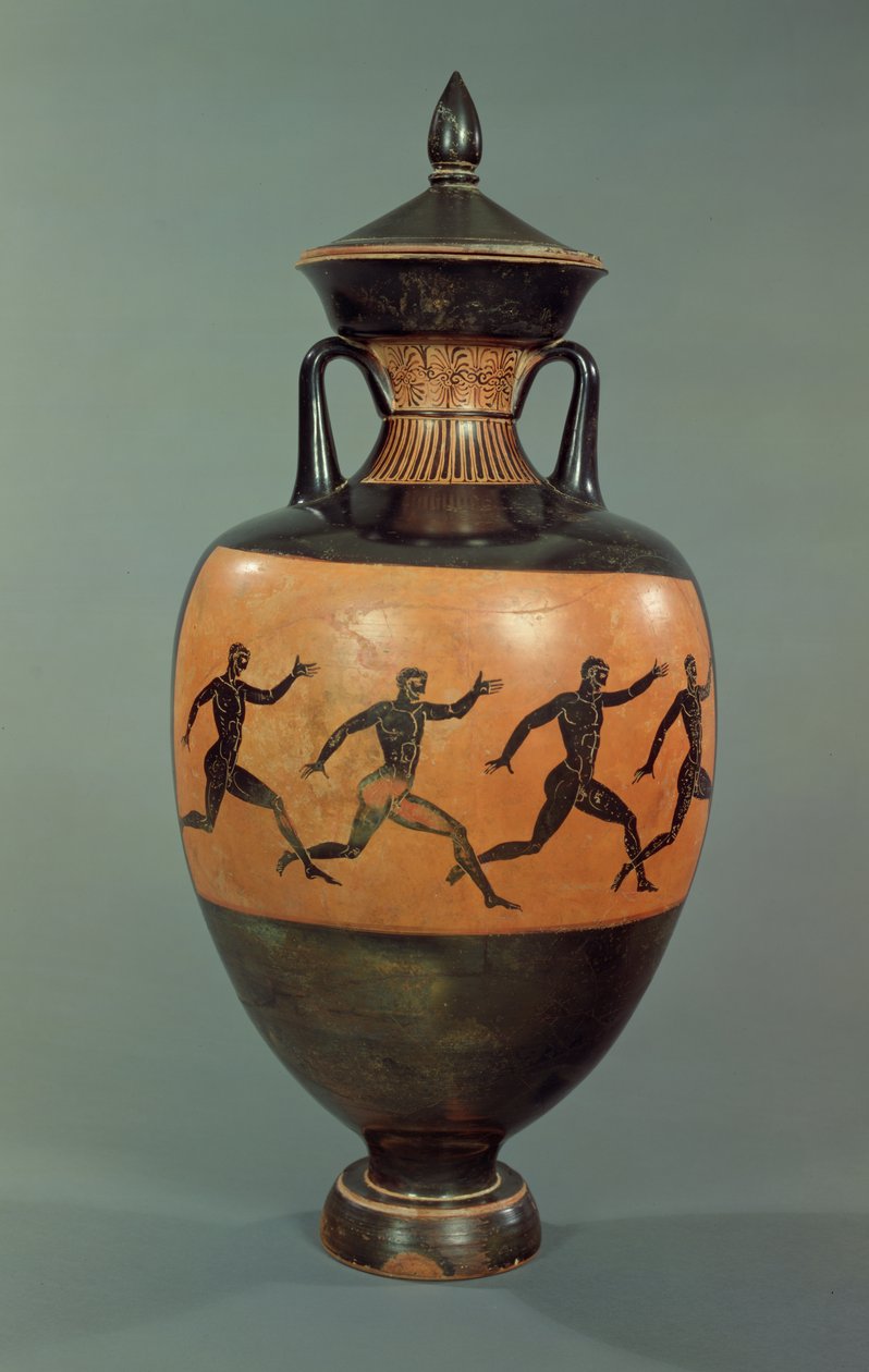 Lofts svart-figur panathenaisk amfora dekorert med løpende menn, 375-370 f.Kr. (keramikk) av Greek