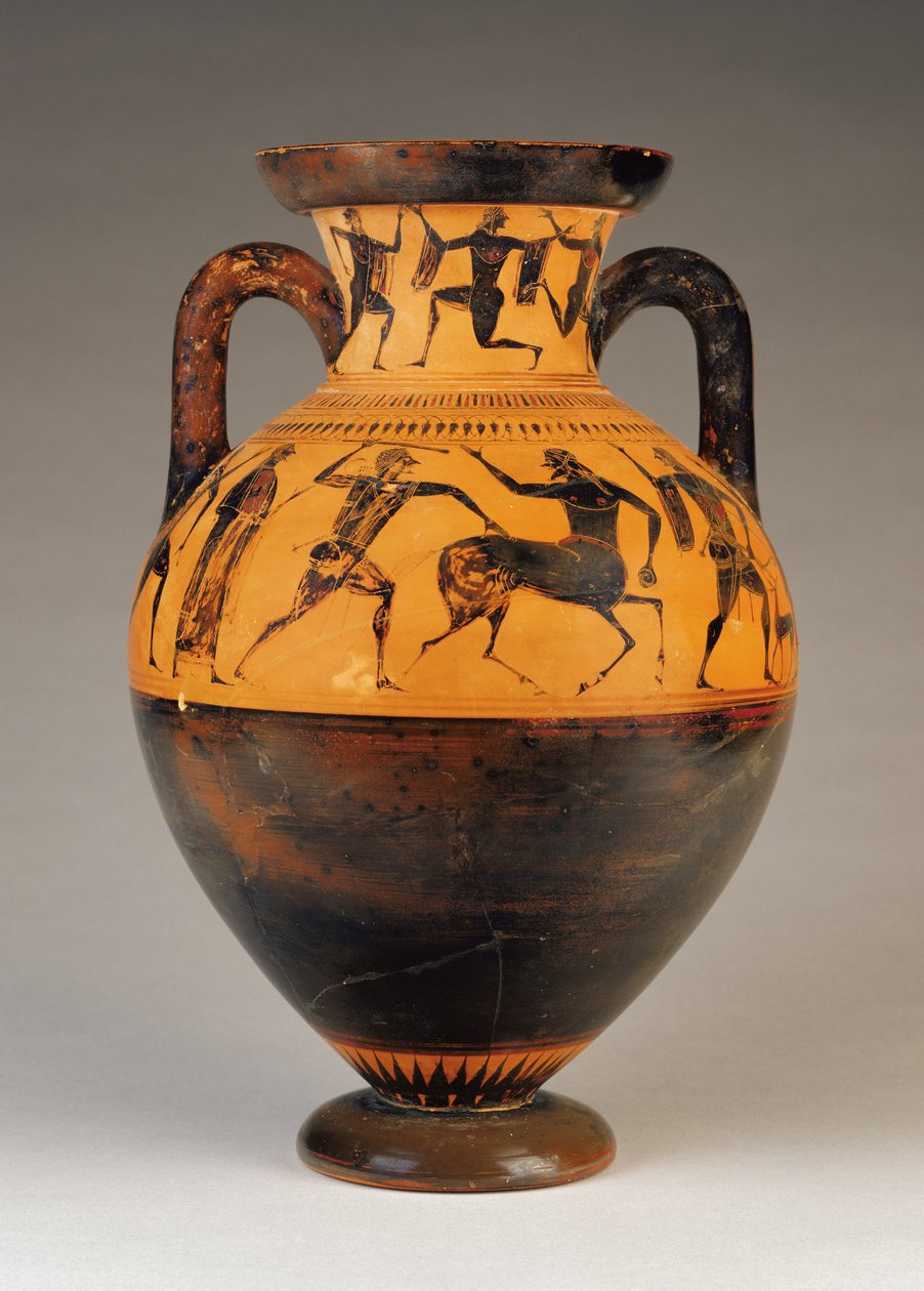 Attic svart-figur hals amfora med Herakles forfølger en kentaur, ca. 530 f.Kr. (terrakotta) av Greek