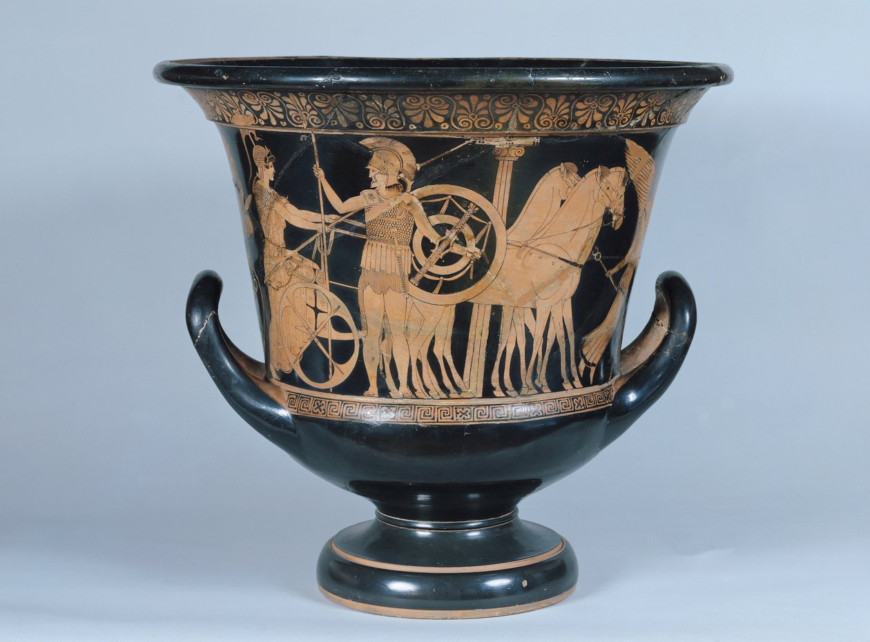 Attic rød-figur calyx krater som viser en hoplitt som drar til krigen (keramikk) (se også 223268) av Greek