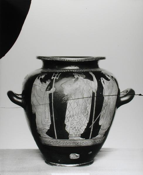 Attic rød-figur stamnos som viser Poseidon, Zevs og Hera, 525-400 f.Kr. (keramikk) av Greek