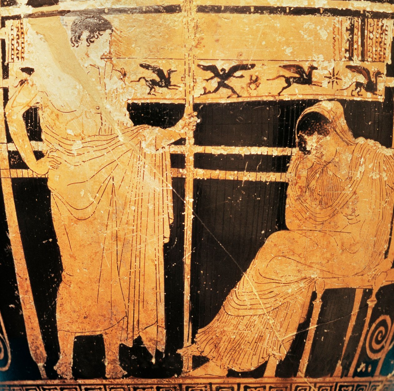 Loftsskyphos av maleren til Thelemacus som skildrer Penelope og Telemachus (rødt keramikk) av Greek