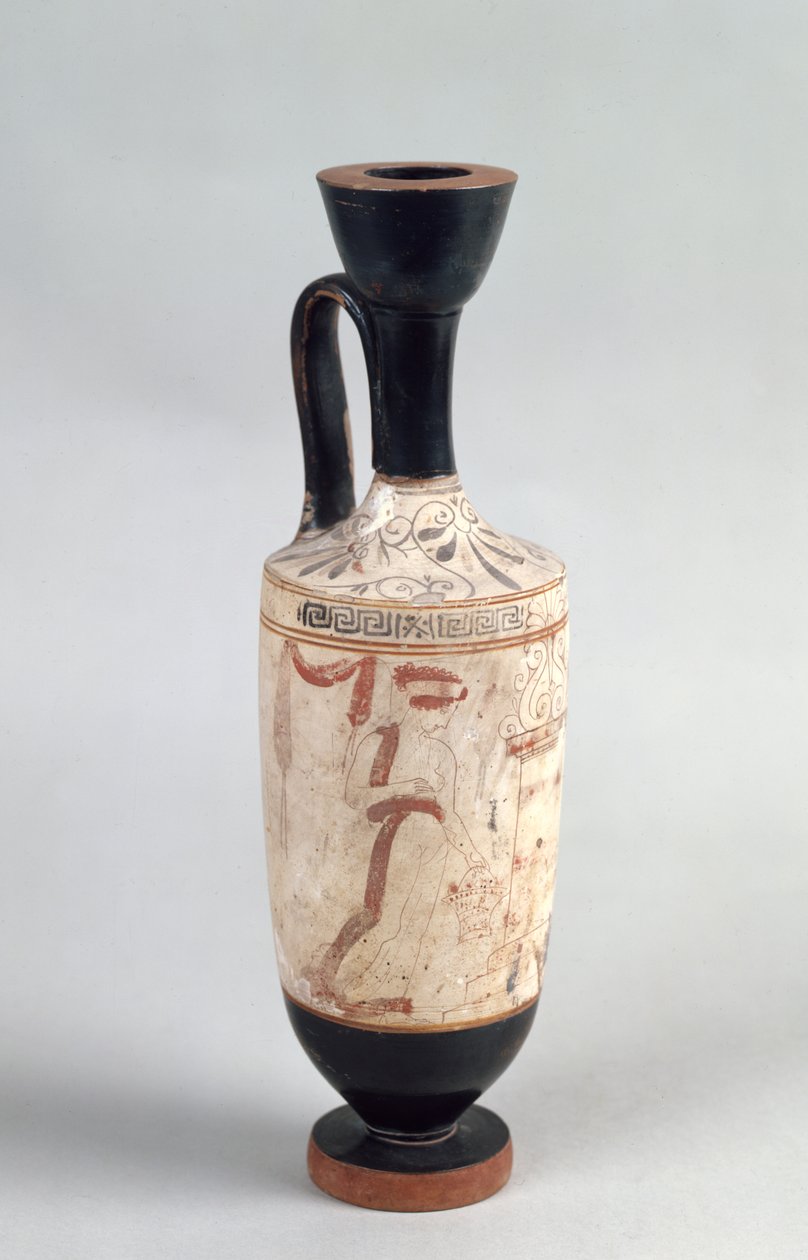 Attic white ground lekythos som viser en ung jente som presenterer et begravelsesoffer, ca. 420 f.Kr. (keramikk) av Greek