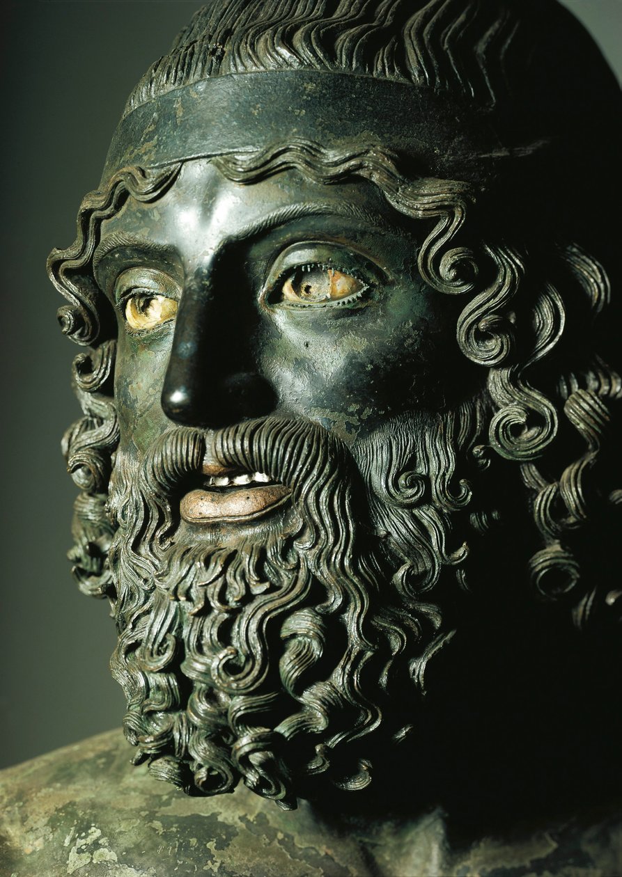 Detalj av hodet til statue A eller den yngre av Riace-bronsene (bronse) f.Kr av Greek