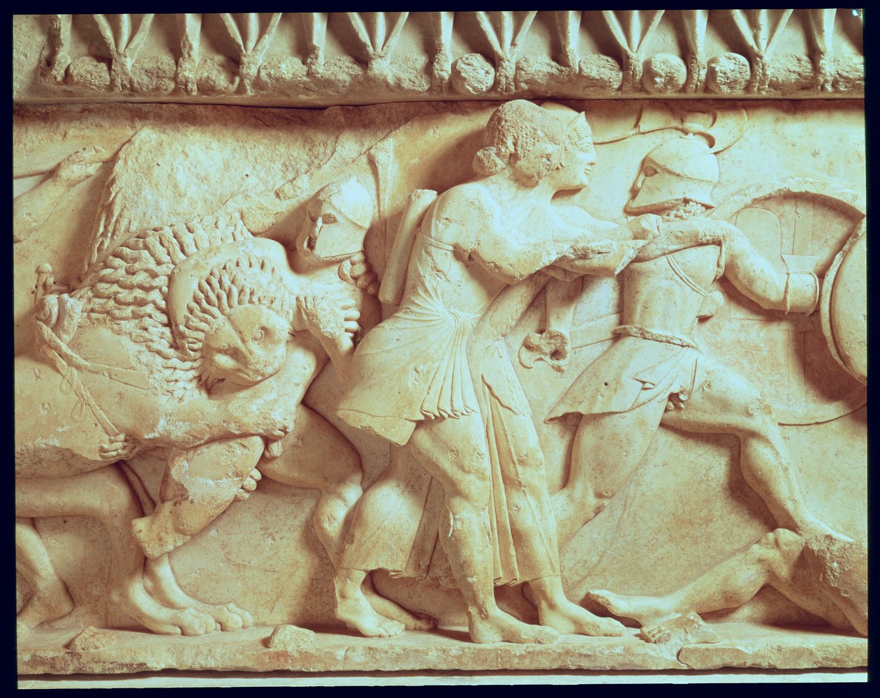 Detalj av nordfrisen til Siphnian Treasury som viser guder som kjemper mot kjemper, ca. 525 f.Kr. marmor av Greek