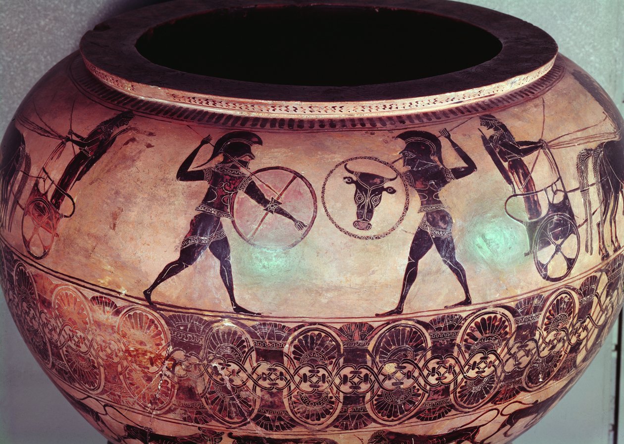 Dinos som skildrer Perseus og Gorgonene, detalj som viser hoplittene som kjemper mellom vognene deres, ca. 580 f.Kr. (keramikk) (se også 173180) av Greek