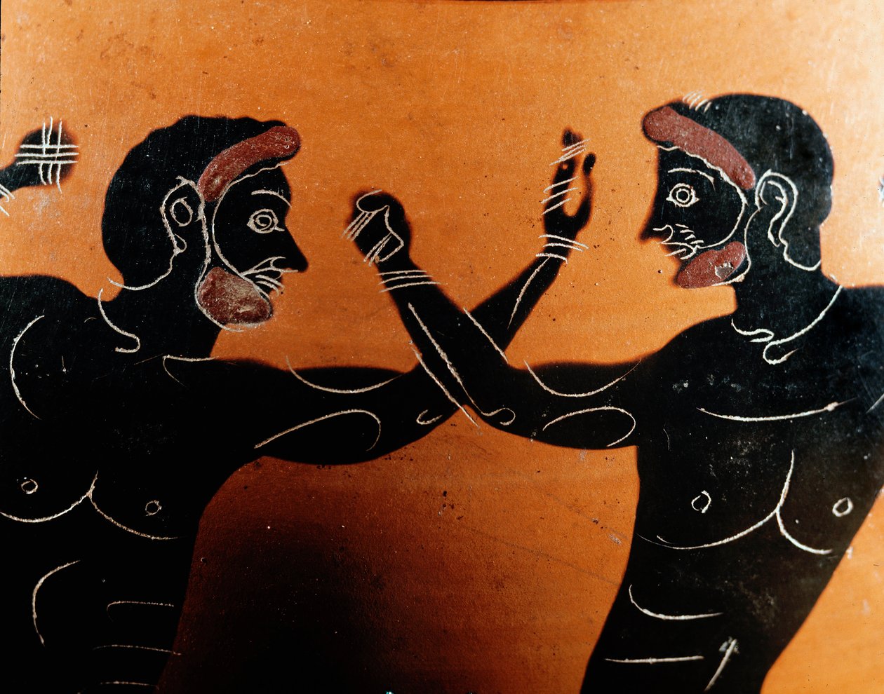 Gresk kunst: Panathenaic Terracotta amphora: detalj som viser et slag ved pugilat. Graven til Vulci Warrior. 6. århundre f.Kr. Roma, Villa Giulia nasjonalmuseum av Greek
