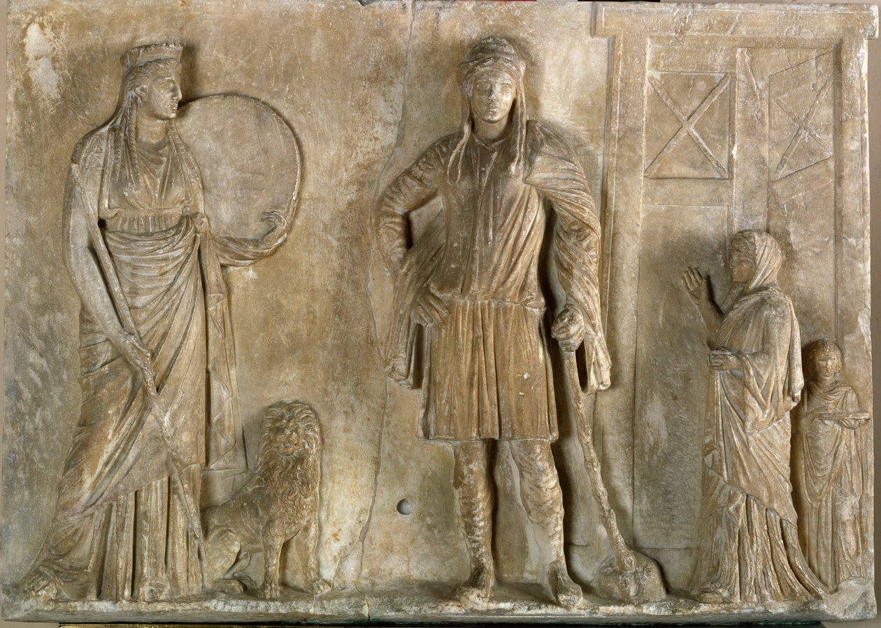 Gresk kunst: "" frygiske gudemenn Cybele og Attis, hans sønn og kjæreste"" Marmorrelieff fra det 2. århundre f.Kr. Museo Archeologico, Venezia av Greek