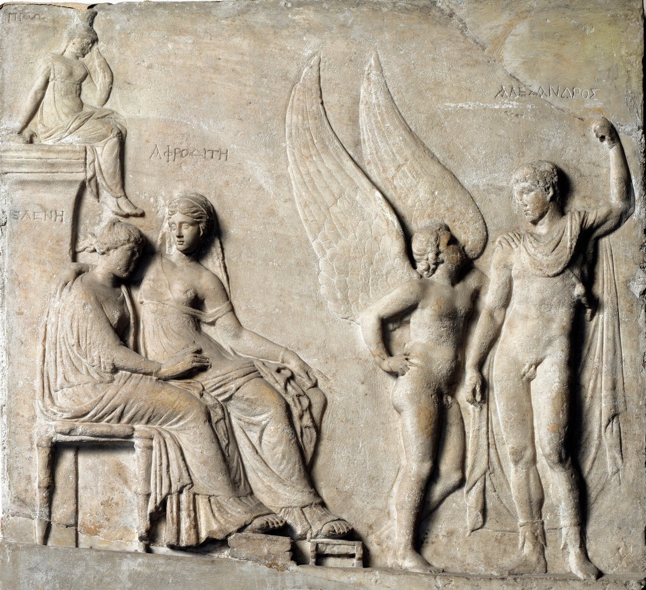 Gresk kunst: "" Prinsen av Sparta Paris seduit Helene av Troja, Afrodite er representert""" Marmorrelieff fra en gresk original. 1. århundre f.Kr. Museo Archeologico Nazionale, Napoli - Paris, prins av Sparta og Helen av Troja, med Afrodite - Marmorrelie av Greek