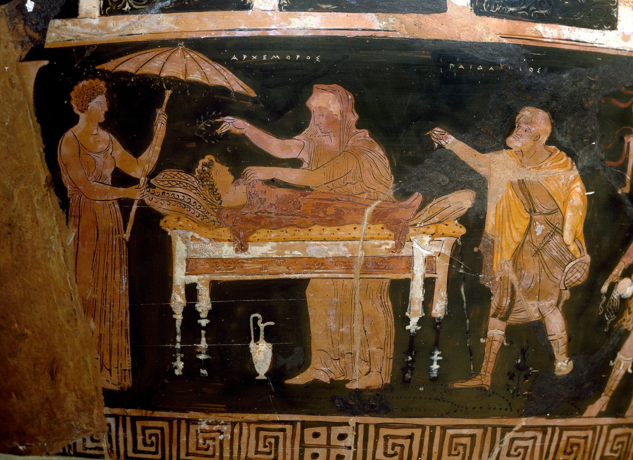 Gresk kunst: Vase of Arhemore: The Funeral of Arhemore (Opheltes) Maleri av maleren til Darius. Fra Ruvo. 4. århundre f.Kr. Nasjonalt arkeologisk museum, Napoli av Greek
