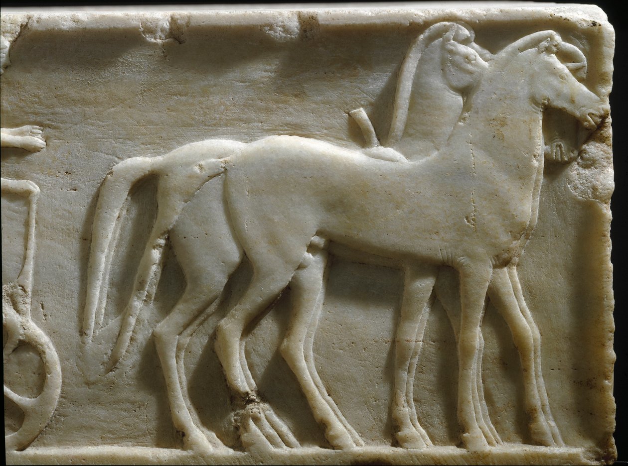 Gresk kunst: "" hester av en quadrige"" Detalj av bunnen av en kouros (statue av en ung mann). Marmorrelieff. 490 f.Kr. Athen, Nasjonalt arkeologisk museum av Greek