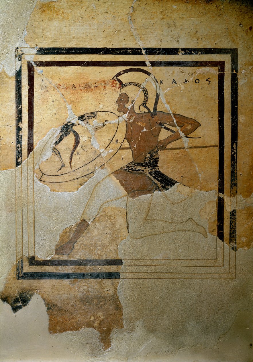Gresk kunst: "" pynax (votivtavle) av terrakotta som representerer en hoplitt i full rase""" 520-510 f.Kr. Sol. h. 65,5 cm Athen, Akropolismuseet (inv. 67) av Greek