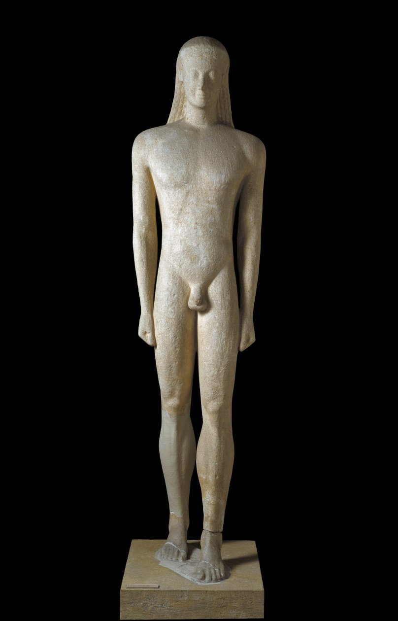 Gresk kunst: statue av Kouros, skulptur av ung mann fra den arkaiske perioden (650-500 f.Kr.), 530-520 f.Kr., Fra Melos, Dim. 1,94 m - Athen, Nasjonalt arkeologisk museum - Kouros - Arkaisk gresk skulptur (650-500 f.Kr.), fra Melos, 530-520 f.Kr. (H.194 cm av Greek