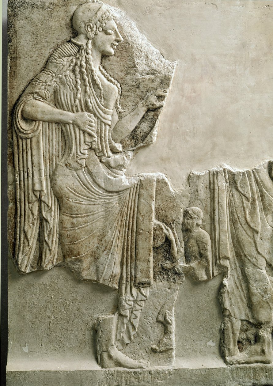 Gresk antikvitet: "" en familie som ofrer gudinnen Athena"" Lavt relieff. 550 f.Kr. Fra akropolis i Athen. Athen, Akropolis-museet av Greek