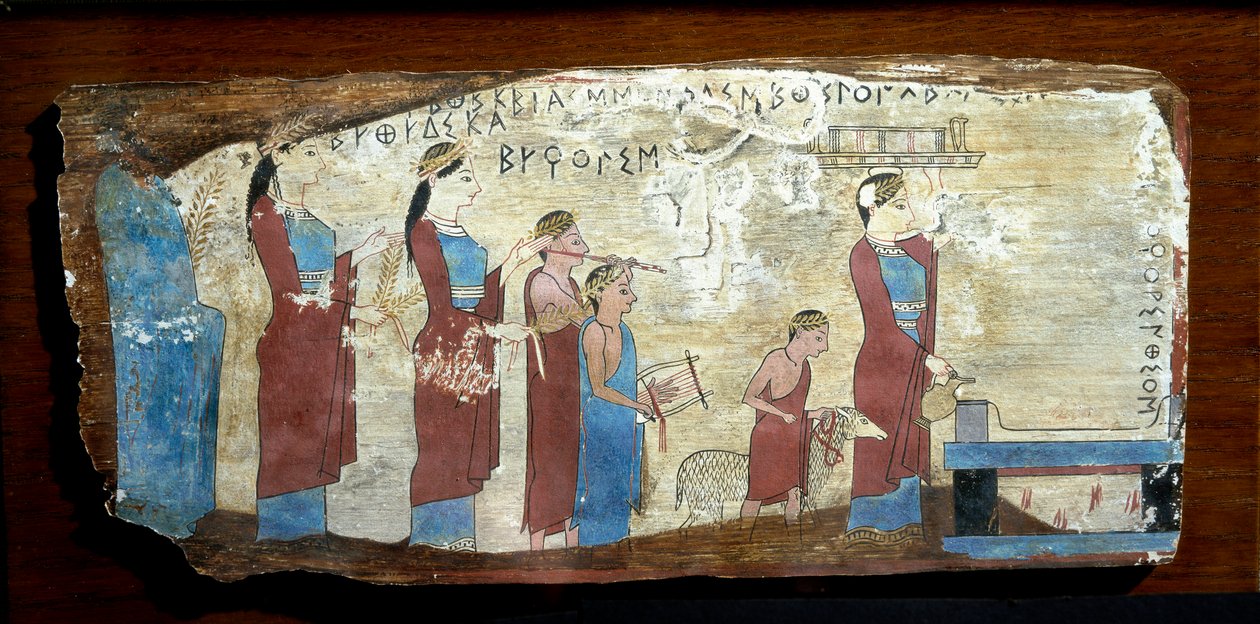 Gresk antikvitet: ofring av et lam. Tremaling fra Sicyon i Korintbukta. 6. århundre f.Kr. Athen, Nasjonalt arkeologisk museum av Greek