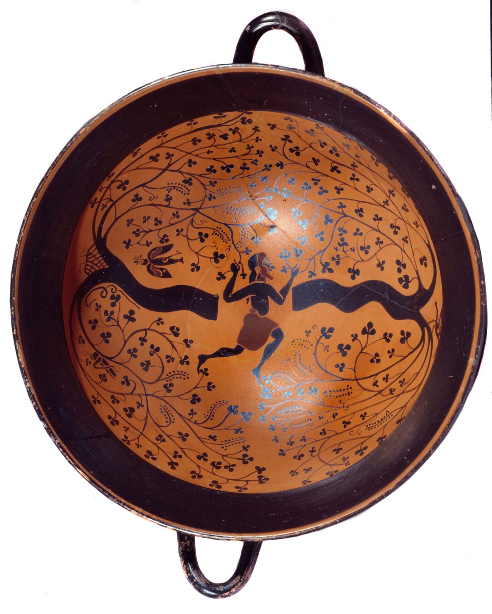 Gresk kunst: jonisk kopp i keramikk med svarte figurer kjent som "" kopp med fuglen"" En mann jakter på svaler. 550 f.Kr. Søn 0,23 m Paris, Musée du Louvre av Greek