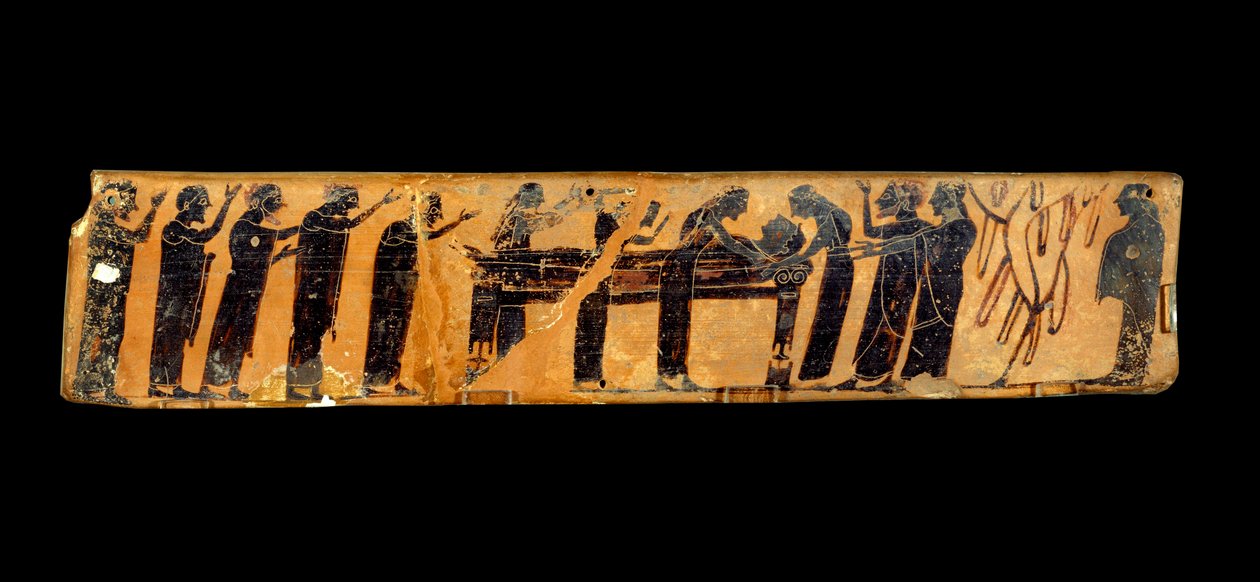 Gresk kunst: fragment av en vase med svarte figurer i keramikk som representerer en begravelsesseremoni: representasjon av kroppen til de avdøde utstillingene og av passasjen forplikter klagesang rundt liksengen, 600-tallet f.Kr. - Paris, Musee du Louvre av Greek