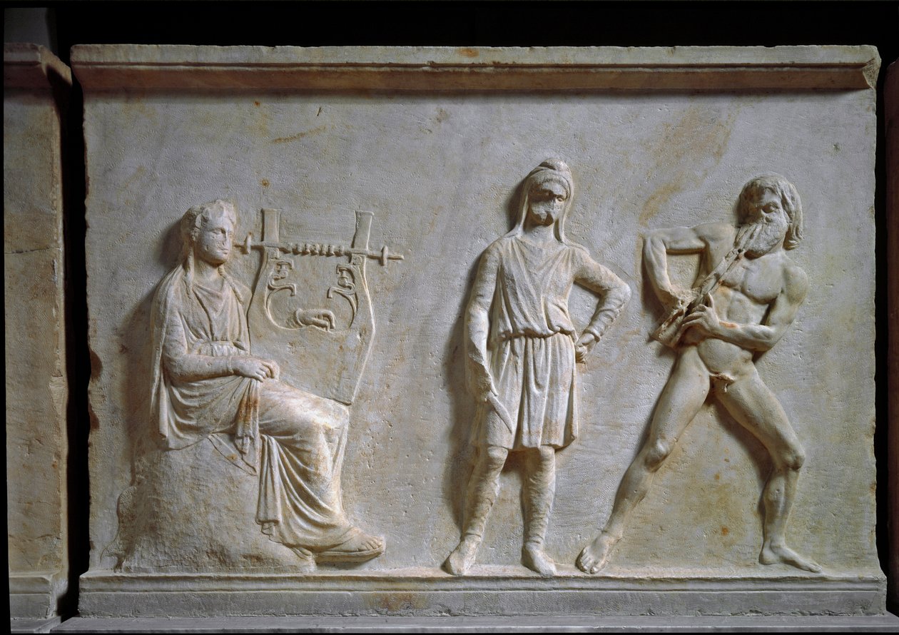 Gresk kunst: musikkkonkurranse mellom Apollo og Marsyas (spille aulos og lyre). Lavrelieff skåret i marmor, 320 f.Kr., gresk antikvitet. Nasjonalmuseet for arkeologi, Athen (Hellas) av Greek