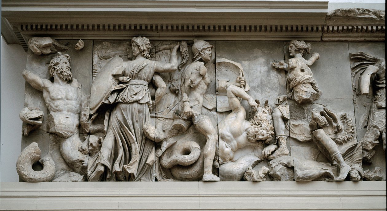 Gresk kunst: representasjon av Hecate og Artemis. Frise av alteret til Zeus a Pergamon, lavrelieff av Eumene II av Greek
