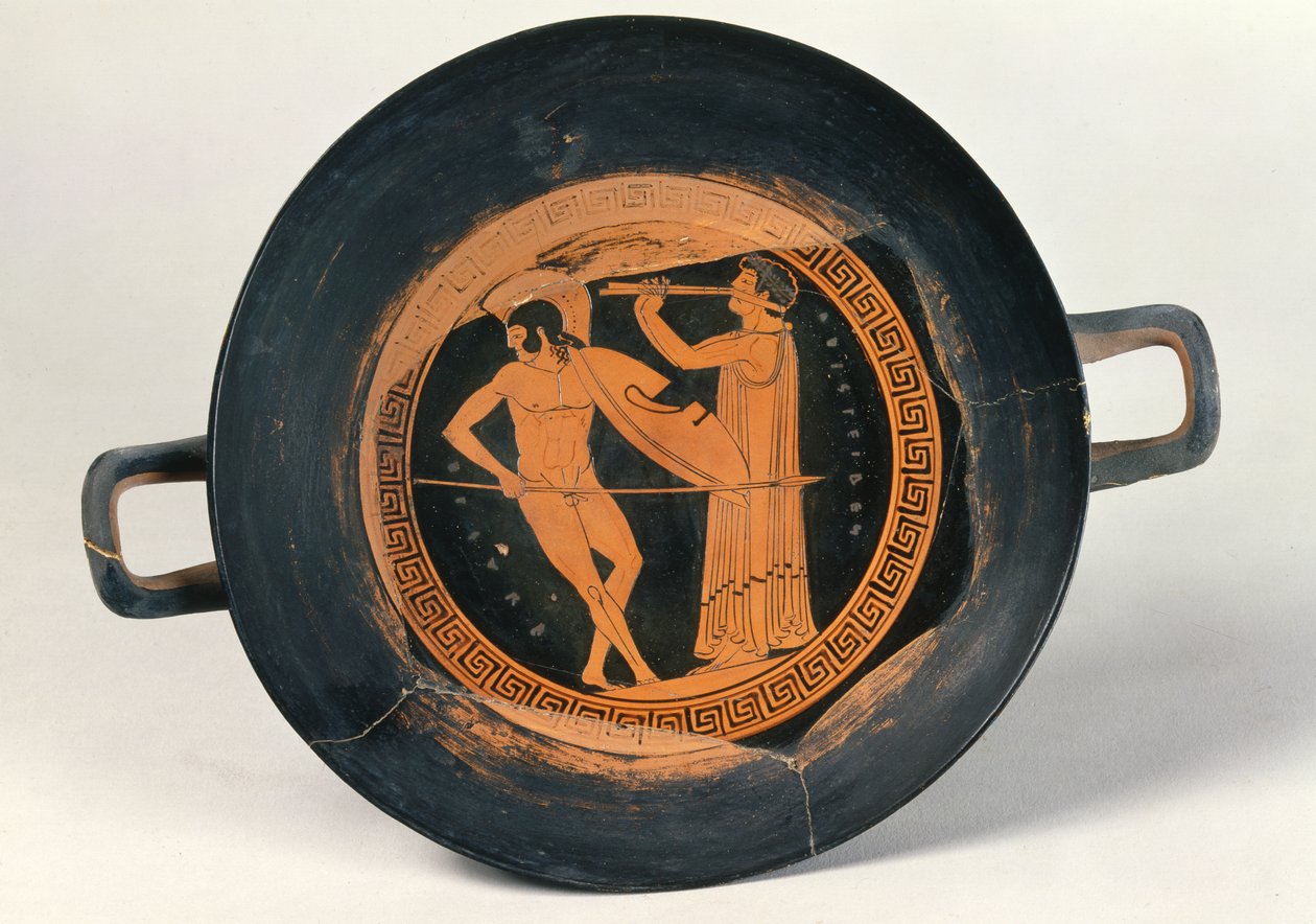 Gresk kopp med rød figur, som viser en kriger som danser Pyrrhic, av Aristeides den eldste (keramikk) av Greek