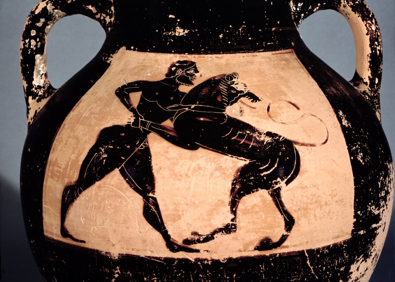 Herakles sliter med Nemean-løven, detalj fra en attisk svart-figur amfora (keramikk) av Greek