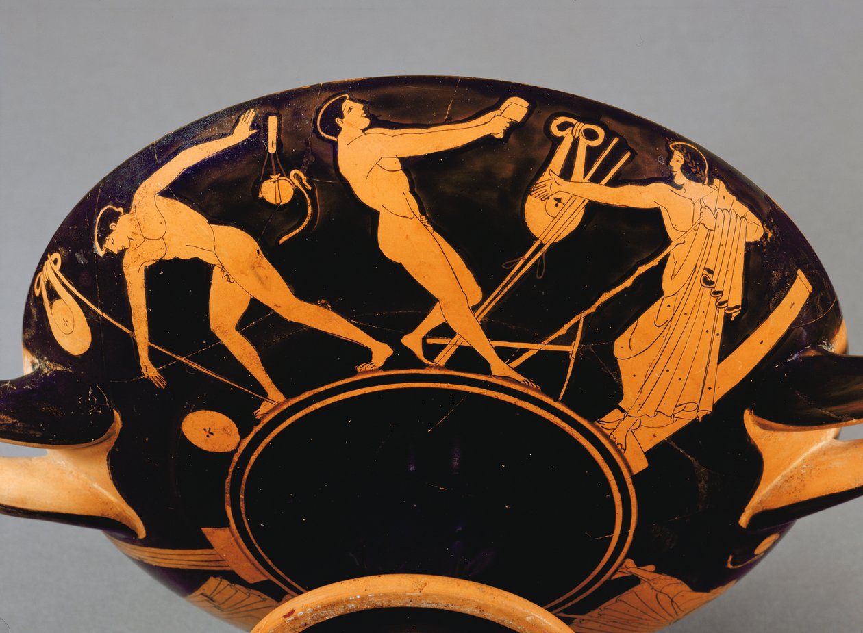 Kylix-kopp som viser idrettsutøvere og symposist, ca. 480 f.Kr. (keramikk) (se også 293740) av Greek