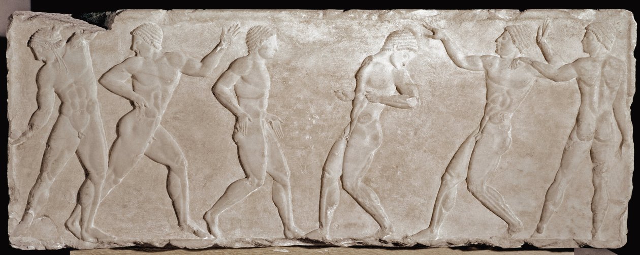 Marmorrelieffstrømper av en begravelseskouros som representerer seks idrettsutøvere. 510 -500 f.Kr. Fra akropolis Athen. Nasjonalmuseet for arkeologi, Athen av Greek