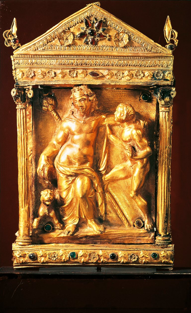 Naiskos med Dionysos beruset og satyr, lite tempel i hellenistisk stil med granater og smaragder fra Thessaly, 2. århundre f.Kr. (gull) av Greek