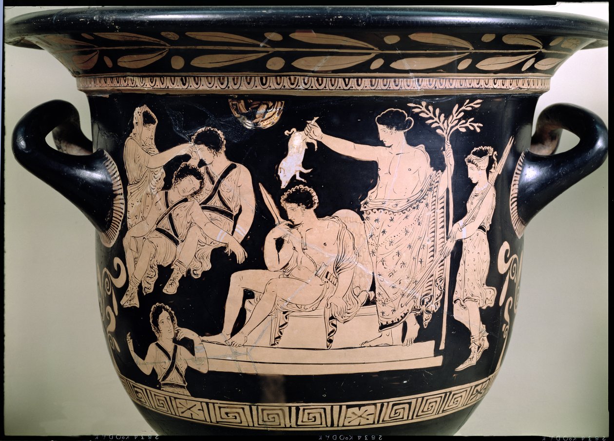 Orestes som leverandør ved Apollo-helligdommen i Delphi, detalj fra et krater med rød figur på loftet, tilskrevet den apuliske Eumenides-malerens keramikkdetalj fra 92567 av Greek