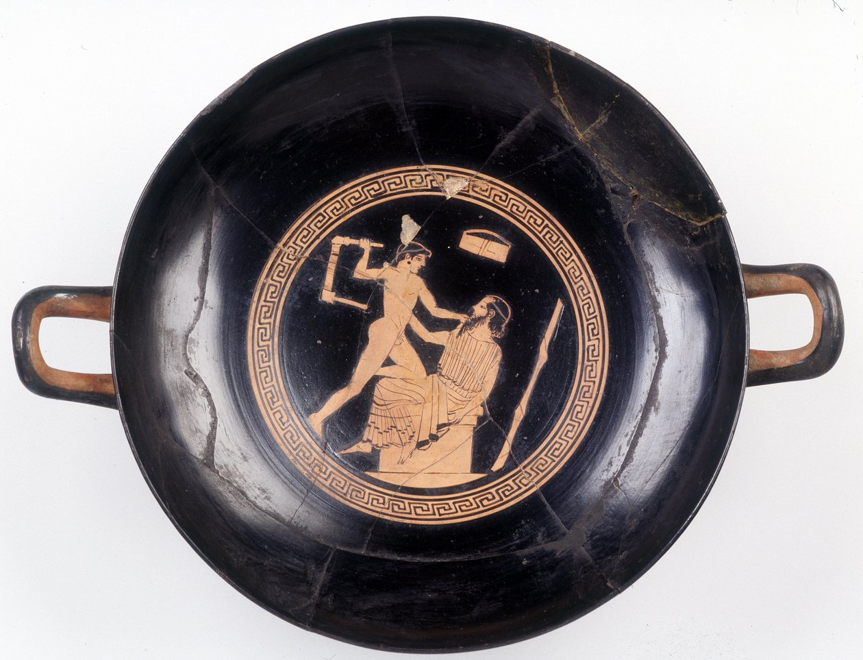 Painting on cut: Representation of Heraclés waving a chair to knock out his music master, 470 BC. BNF, Medal Office. av Greek