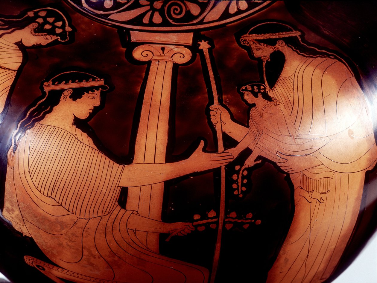 Maleri på vase: Jupiter (Zeus) presenterer den unge Dionysos (Bacco) for to kvinner. 480 f.Kr. BNF, Medaljekontoret. av Greek