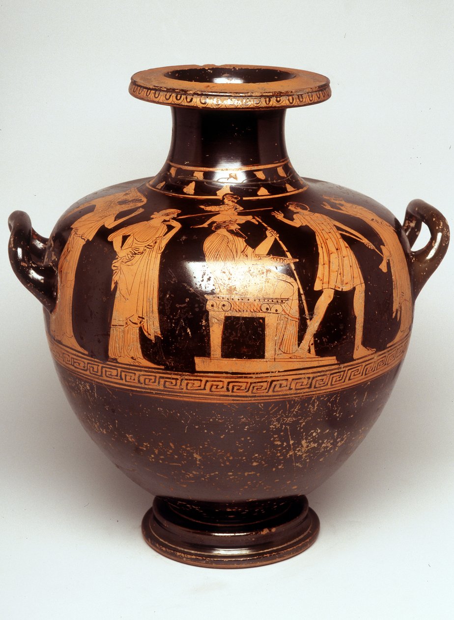 Maleri på vase: Representasjon av Jupiter (Zeus) avkortet i midten. Over hodet hennes vises Athena, hver hær (fødsel av Athena). Mot Zevs står Hephaistos. 470 f.Kr. BNF, Cabinet des Medailles. av Greek